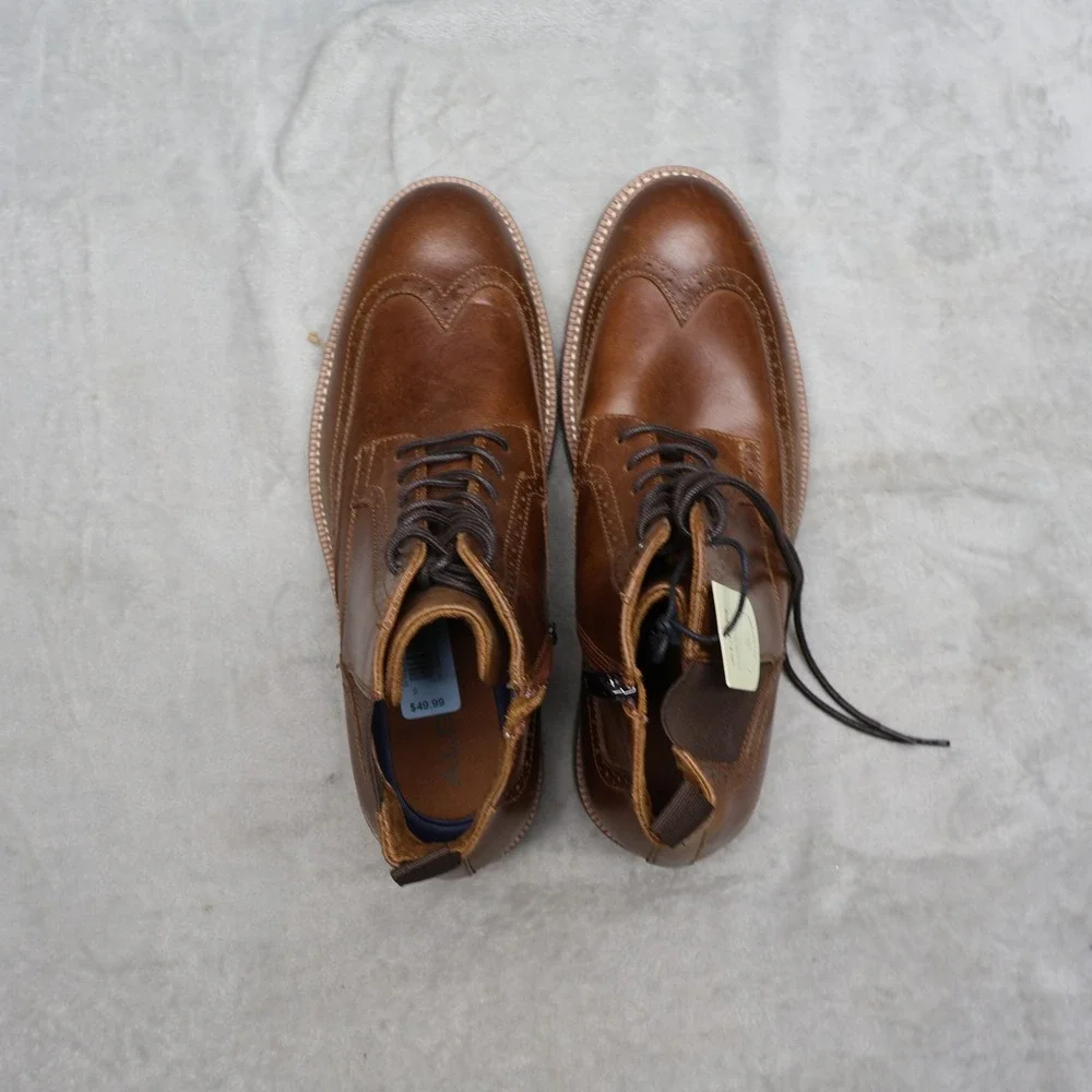 Aldo Men 9 Toney Boot Brown Wingtip Leather Classic Brogue Side Zip Lace-Up NWD